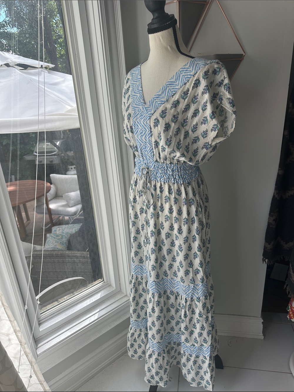 RACHEL ZOE Blue White Floral V-Neck Smocked Waist Maxi Boho Long Dress Size XS